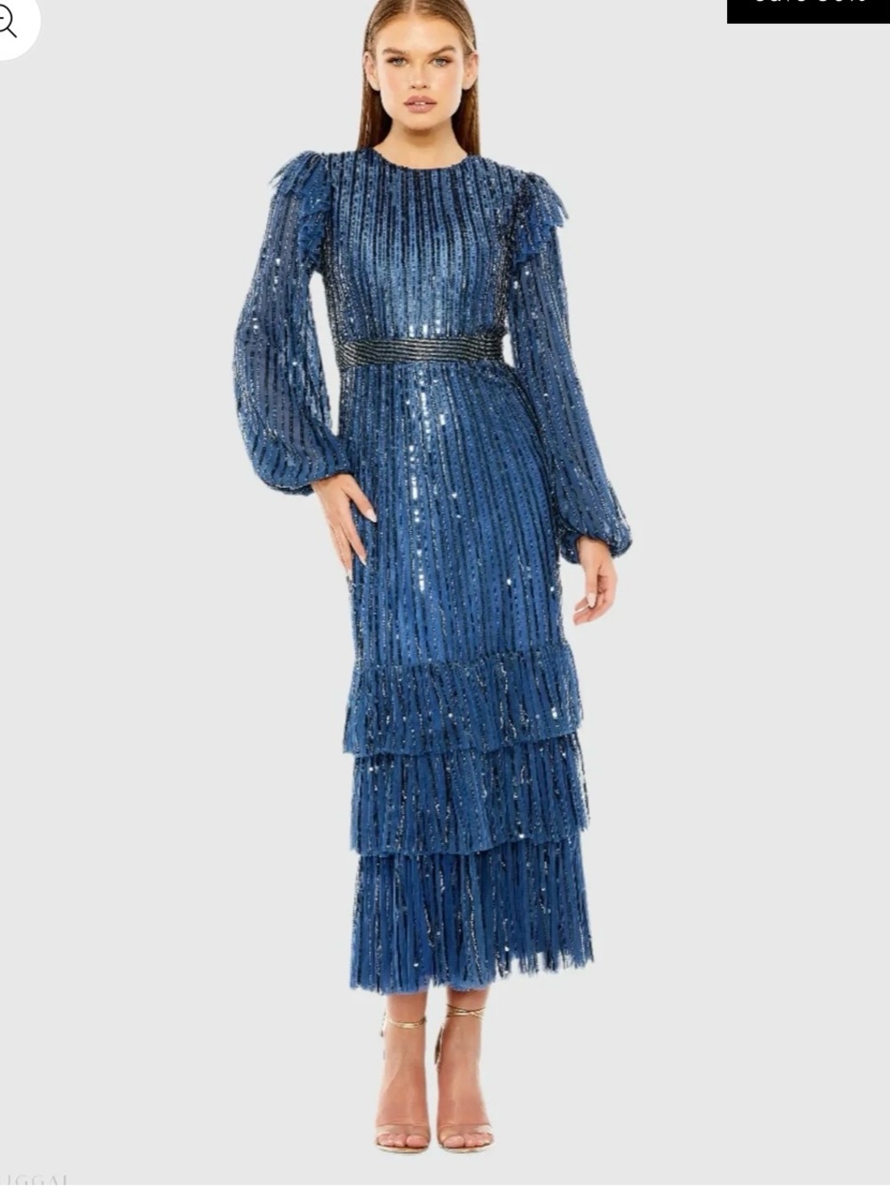 Mac Duggal Blue Sequin Tiered Long-Sleeve Gown